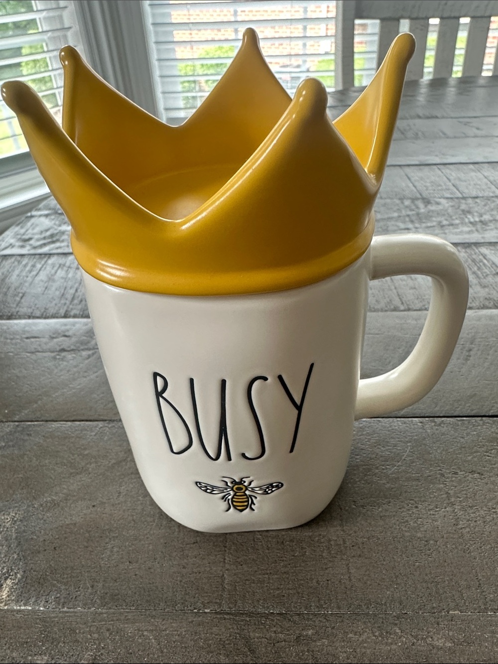 Rae Dunn White Ceramic Mug with Yellow Crown Lid